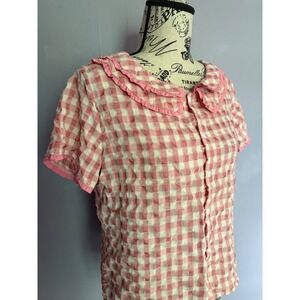Cottagecore Pink Gingham Seersucker Ruffle Peter Pan Collar Blouse S-M Tấm Đồ Bộ